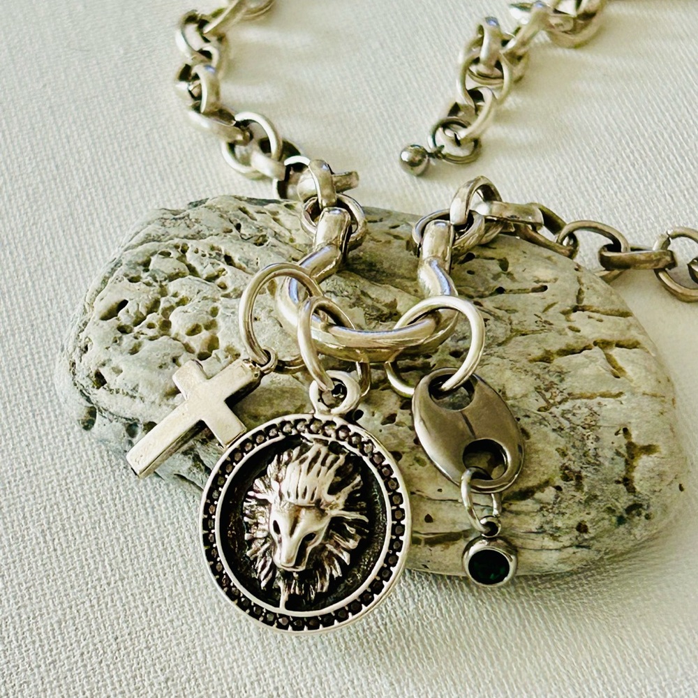 Silver Charm Necklace with Lion and Cross Pendants - Picture 2 of 10